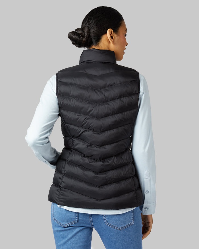 32 Degrees Black _ Women's Lightweight Packable Vest {model: Lisa-Marie is 5'9"and size 2-4 wearing size S}{bottom}{right} {bottom}{right}